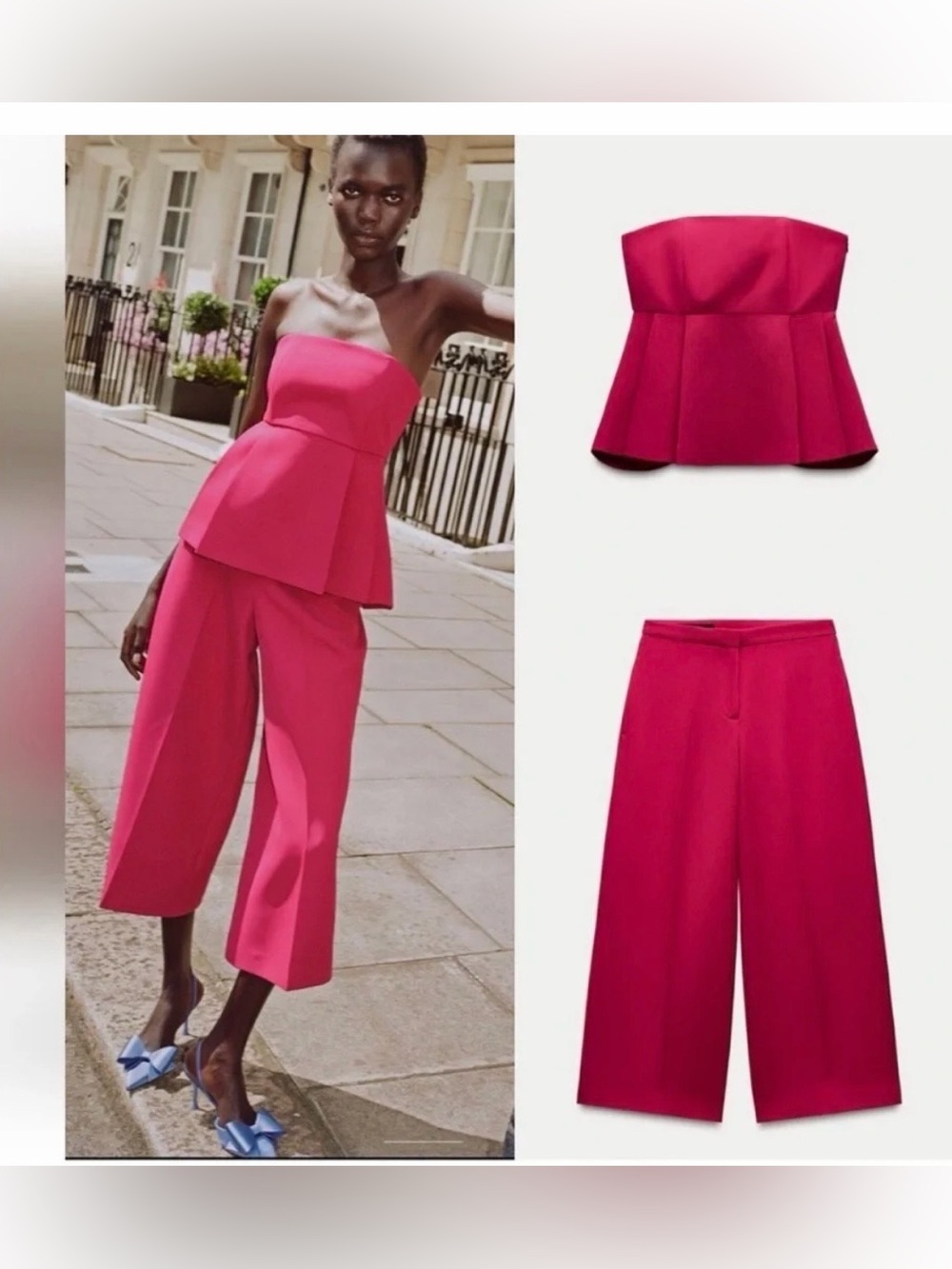 Zara 2pcs co-ord set Strapless Peplum Top & Wide-Leg Crop Pants